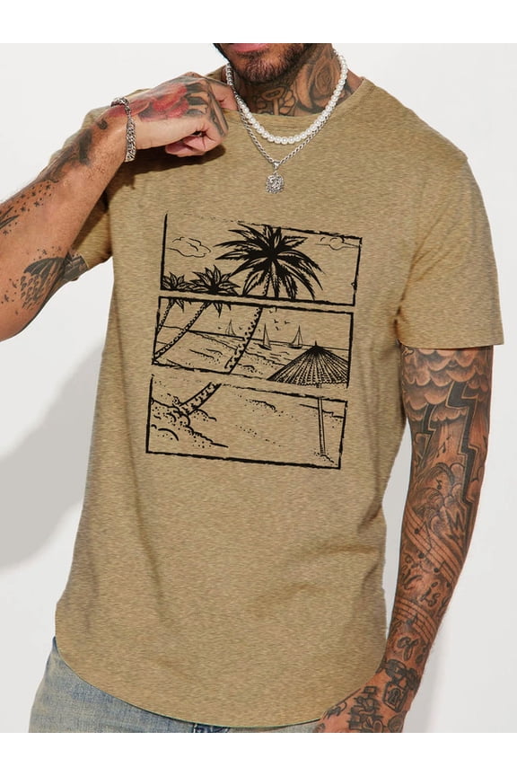 Men's And Big Men's Casual Tee Hawaii Beach Graffiti Print Short Sleeve Crew Neck T-shirt, As Gift (Up To 2XL)