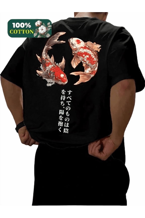 Men's Cotton T-Shirt with Koi Fish Graphic and Japanese Characters - Stylish Casual Wear
