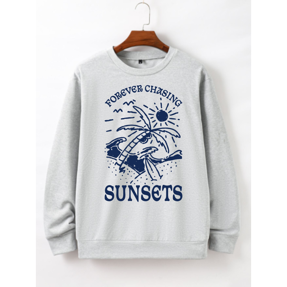 Whichone Men's Crewneck Sweatshirt "Forever Chasing Sunsets" Palm Tree Ocean 100% Polyester Long Sleeve -