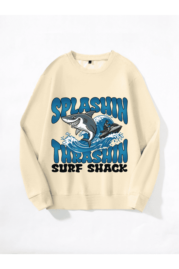 Men's Crewneck Sweatshirt "Splashin Thrashin Surf Shack" Shark Wave Graphic 100% Polyester Long Sleeve