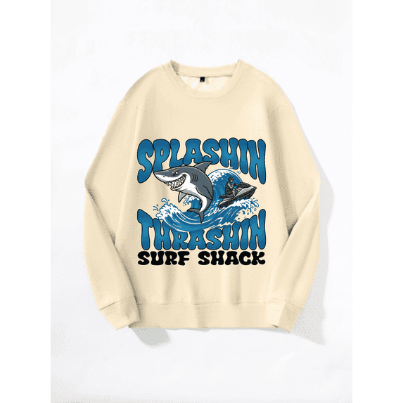 Whichone Men's Crewneck Sweatshirt "Splashin Thrashin Surf Shack" Shark Wave Graphic 100% Polyester Long Sleeve