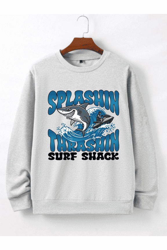 Men's Crewneck Sweatshirt "Splashin Thrashin Surf Shack" Shark Wave Graphic 100% Polyester Long Sleeve