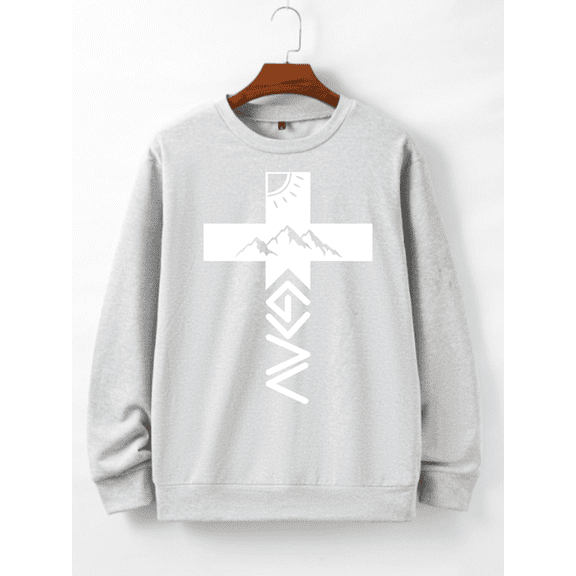 Whichone Men's Long Sleeve Crewneck Sweatshirt Faith Mountain Cross Print - 3 Colors (S-XXL)