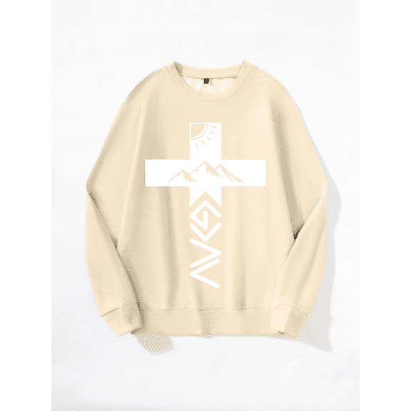 Whichone Men's Long Sleeve Crewneck Sweatshirt Faith Mountain Cross Print - 3 Colors (S-XXL)