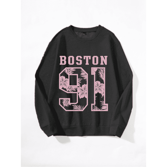 Whichone Men's Long Sleeve Crewneck Sweatshirt Pink "BOSTON 91" Floral Print- 3 Colors (S-XXL) For Casual/Daily/Wardrobe Essential