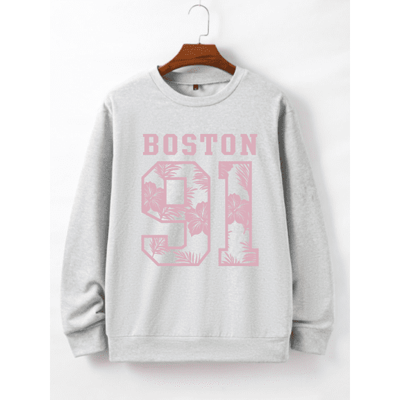 Whichone Men's Long Sleeve Crewneck Sweatshirt Pink "BOSTON 91" Floral Print- 3 Colors (S-XXL) For Casual/Daily/Wardrobe Essential