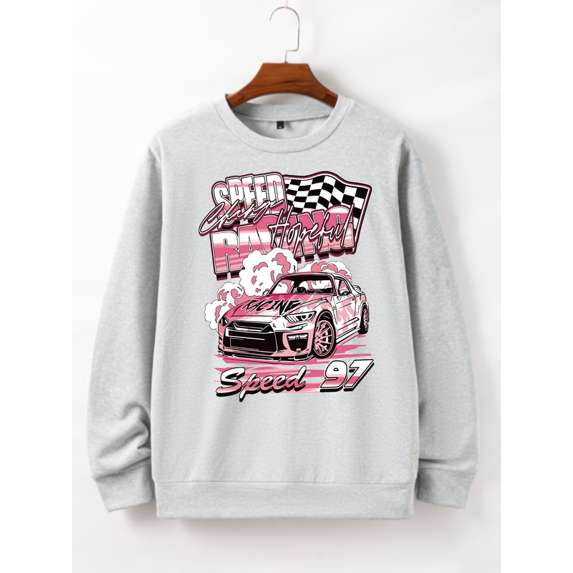 Whichone Men's Long Sleeve Crewneck Sweatshirt Pink Racing Car "Speed 97" Print - 3 Colors (S-XXL)