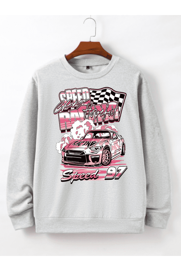 Men's Long Sleeve Crewneck Sweatshirt Pink Racing Car "Speed 97" Print - 3 Colors (S-XXL)