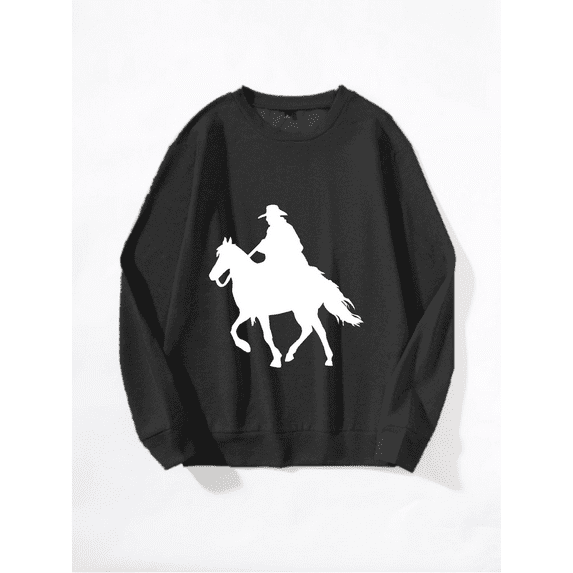 Whichone Men's Long Sleeve Crewneck Sweatshirt Western Cowboy Riding Horse Silhouette Print - 3 Colors (S-XXL)