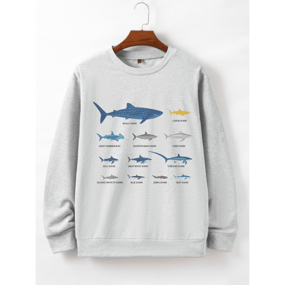 Whichone Men's Shark Species Graphic Long Sleeve Crewneck Sweatshirt 100% Polyester