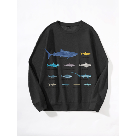Whichone Men's Shark Species Graphic Long Sleeve Crewneck Sweatshirt 100% Polyester