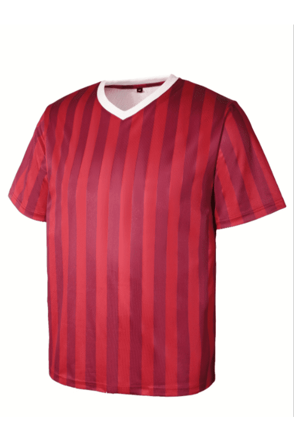 Men's V-Neck Striped Short Sleeve T-Shirt - 100% Cotton Classic Red & White Stripes, Soft & Breathable Tee(Sizes M-XXL)