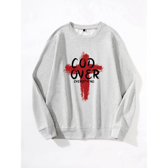 Whichone Men's New Fun Sweatshirt,The Red Cross God Got Everything Print,A Casual Round Neck Loose Fit, And Autumn/Winter Casual Long Sleeves,S-XXL