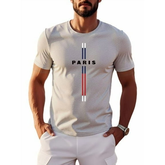 Whichone T-shirt for Mens "Paris" Striped Graphic with Short Sleeve Crew Neck