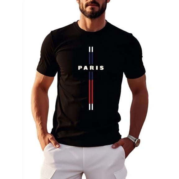 Whichone T-shirt for Mens "Paris" Striped Graphic with Short Sleeve Crew Neck