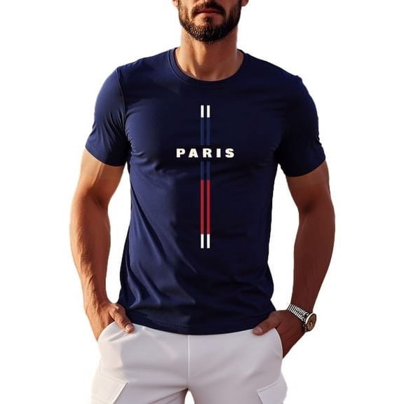 Whichone T-shirt for Mens "Paris" Striped Graphic with Short Sleeve Crew Neck