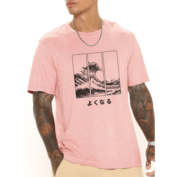 Whichone Waves Print Japanese Characters Graphics T shirts For Men Retro Funny Casual Mens Cotton Shirts