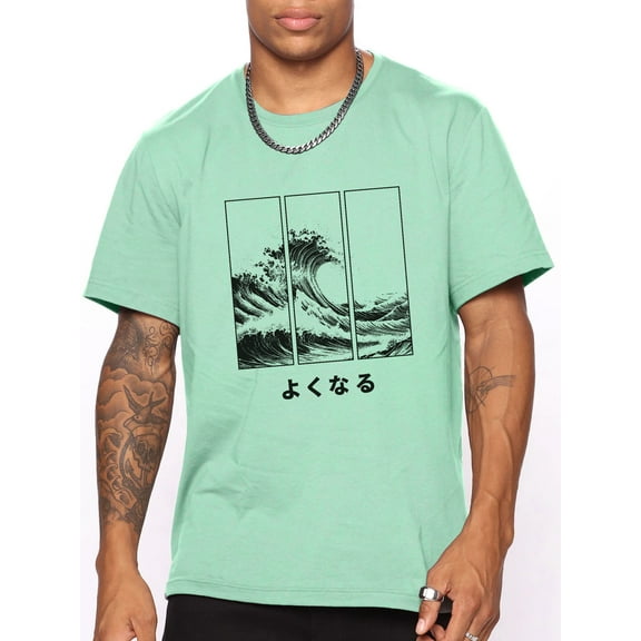 Whichone Waves Print Japanese Characters Graphics T shirts For Men Retro Funny Casual Mens Cotton Shirts