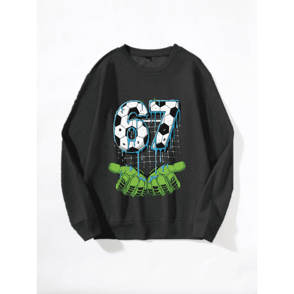 Whicone Crewneck Sweatshirt Soccer-Themed "67" Christmas Print- Unisex Loose Fit, Black/Grey/inger (S-XXL)