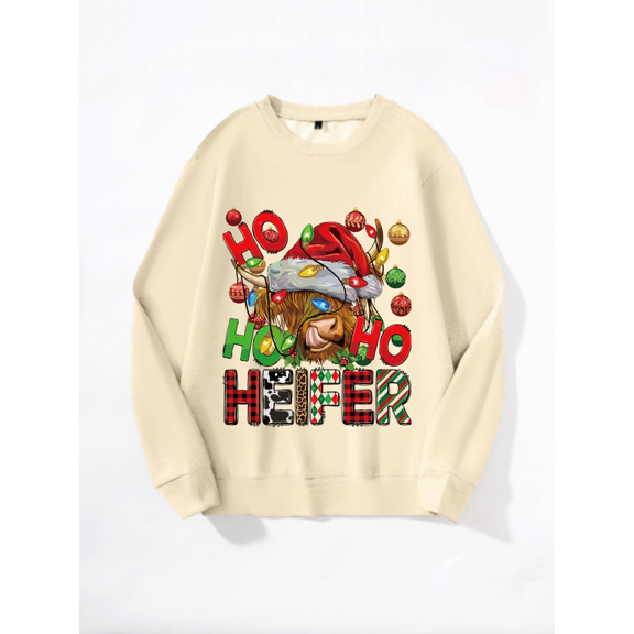 Whicone Men's Crewneck Sweatshirt Ho Ho Heifer Christmas Highland Cow Santa Hat Print - Unisex Loose Fit, 100% Polyester, 3 Colors, S-XXL