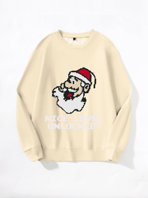 Whicone Men's Crewneck Sweatshirt Nice Level Unlocked Christmas Pixel Santa Print - Unisex Loose Fit, 100% Polyester, 3 Colors, S-XXL