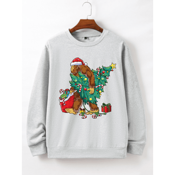 Whicone Sweatshirt Festive Bigfoot Christmas Crewneck - Santa Hat & Xmas Tree Print, Unisex Loose Fit, 100% Polyester, Black/Grey/Beige, S-XXL