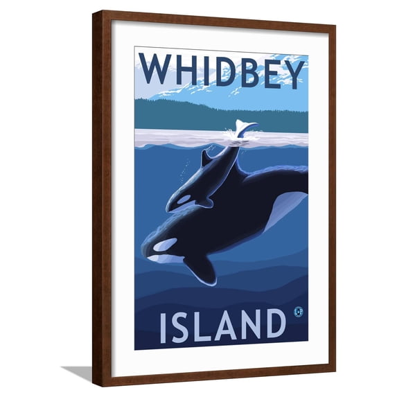 Art.com Whidbey Island, Washington - Orca and Calf Art Print by Lantern Press, Brown Frame Wall Art, 21" x 29"