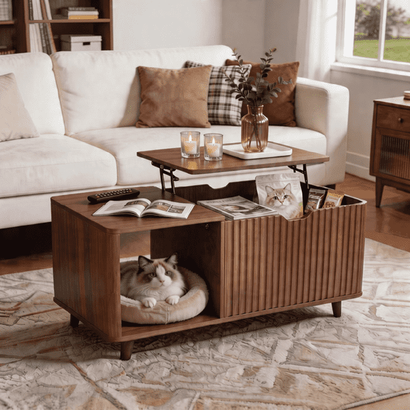 Whifea 39.4" Lift Top Coffee Table with Storage, Mid-Century Fluted Coffee Table, Rectangular Wood Center Table for Living Room, Walnut