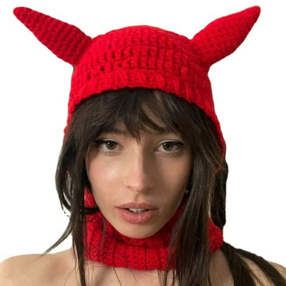 Whigetiy Halloween Funny Horns Creative Knitted Hat Beanies Warm Ski Hat Horn Shape Solid Color Windproof Hat for Outdoor Sports