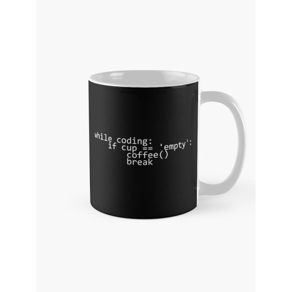While Coding Coffee Break Programming Code Mug, 11oz Ceramic, Black and White