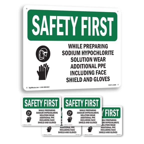 While Preparing Sodium Hypochlorite With Symbol OSHA SAFETY FIRST Rigid Plastic Sign 10 Inch x 7 Inch - 5 Pack