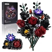 Black Burgundy Red Rose Bouquet Building Set, Compatible with Lego Flowers for Adults - Christmas Botanical Collection - Gothic Artificial Flowers Home Decor