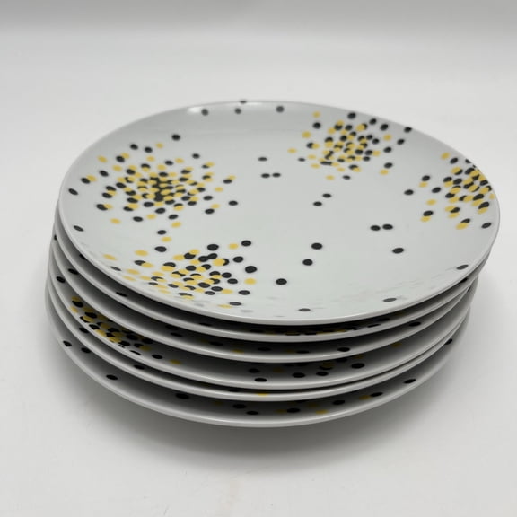 Whim by Martha Stewart Black & Yellow Polka  Dots Salad Plates Set Of 6 NEW