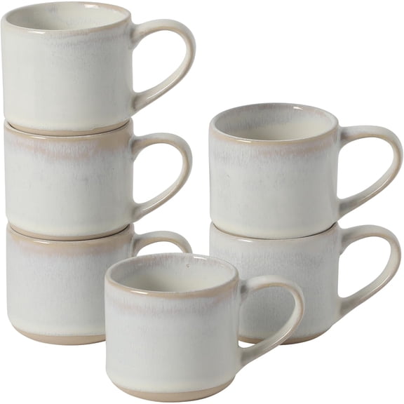 Whims Espresso Cups Set of 6, 3.7 oz Stoneware Demitasse Espresso Shot Cups with Handles, Stackable Reactive Glaze Ceramic Coffee Cups, White