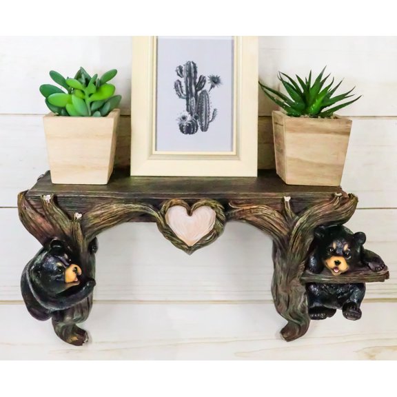 Whimsical 2 Climbing Black Bears By Forest Tree Branches Floating Wall Shelf