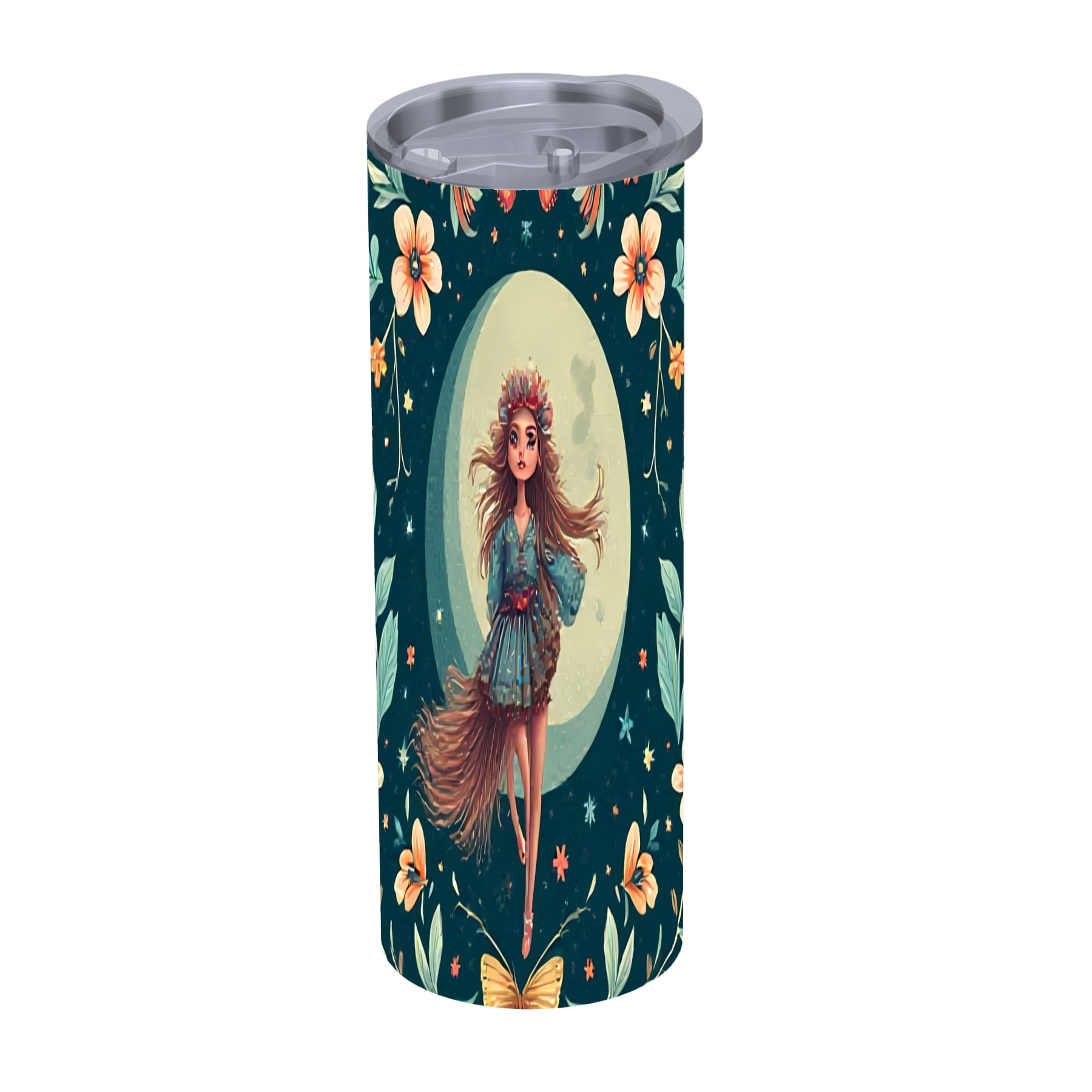 Whimsical 20 oz Stainless Steel Insulated Tumbler with Floral Moon ...