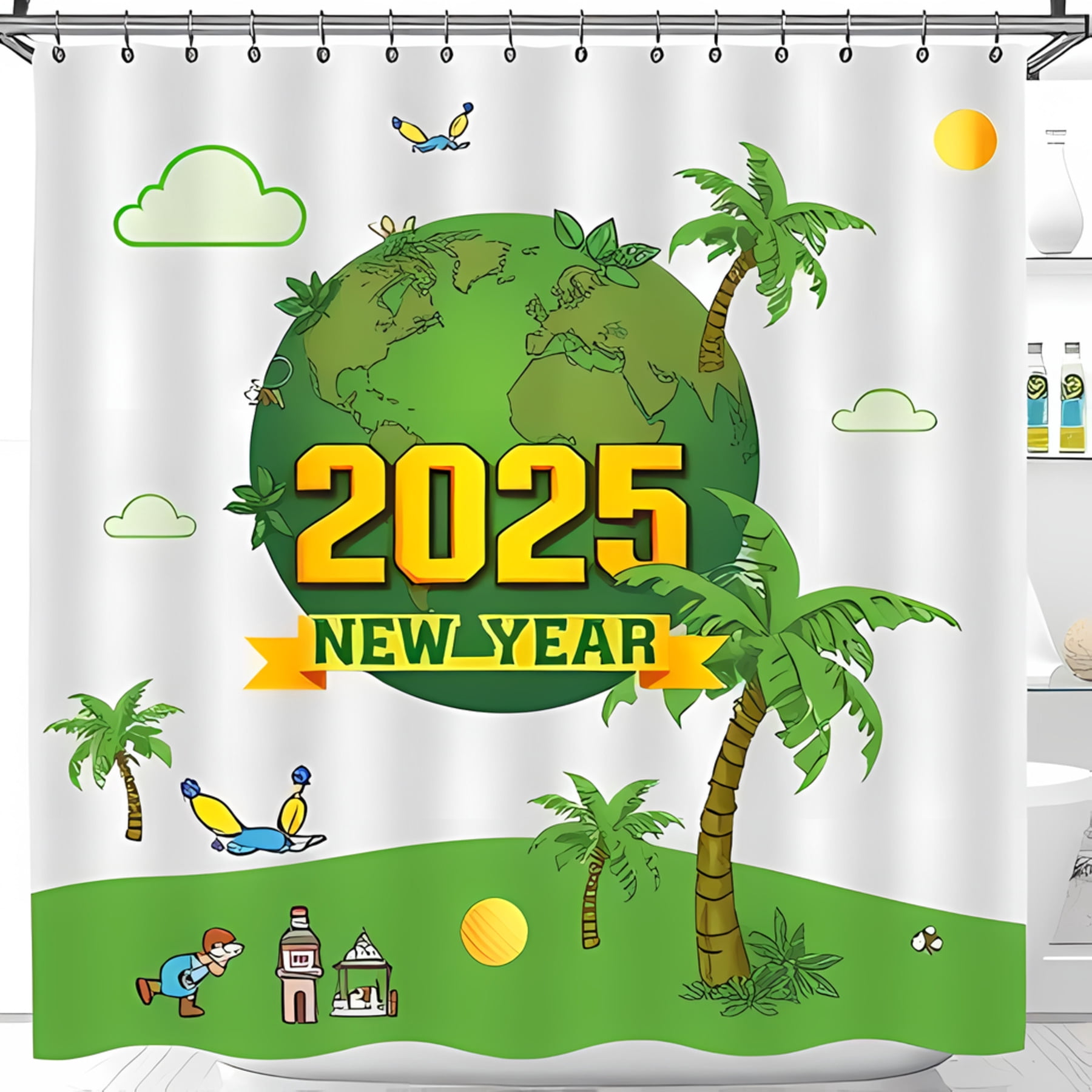 Whimsical 2025 Shower Curtain - Tropical Globe Design with Trees Sun ...