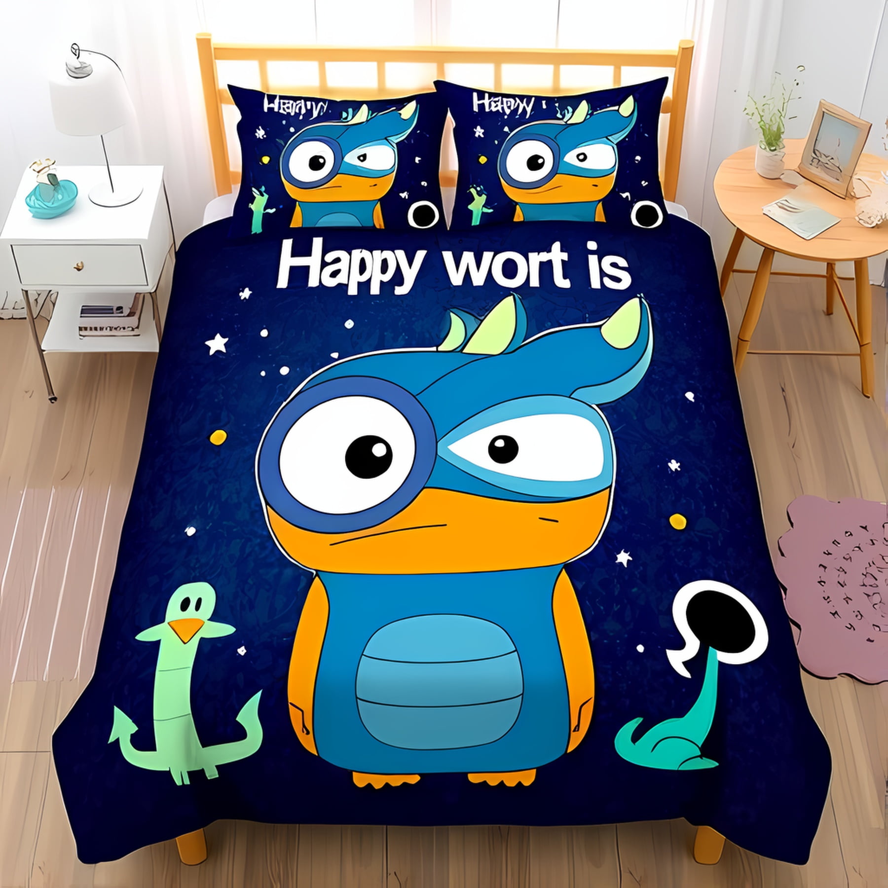Whimsical 3-Piece Bedding Set - Teal & Orange Dragon Duvet Cover & Pillowcases