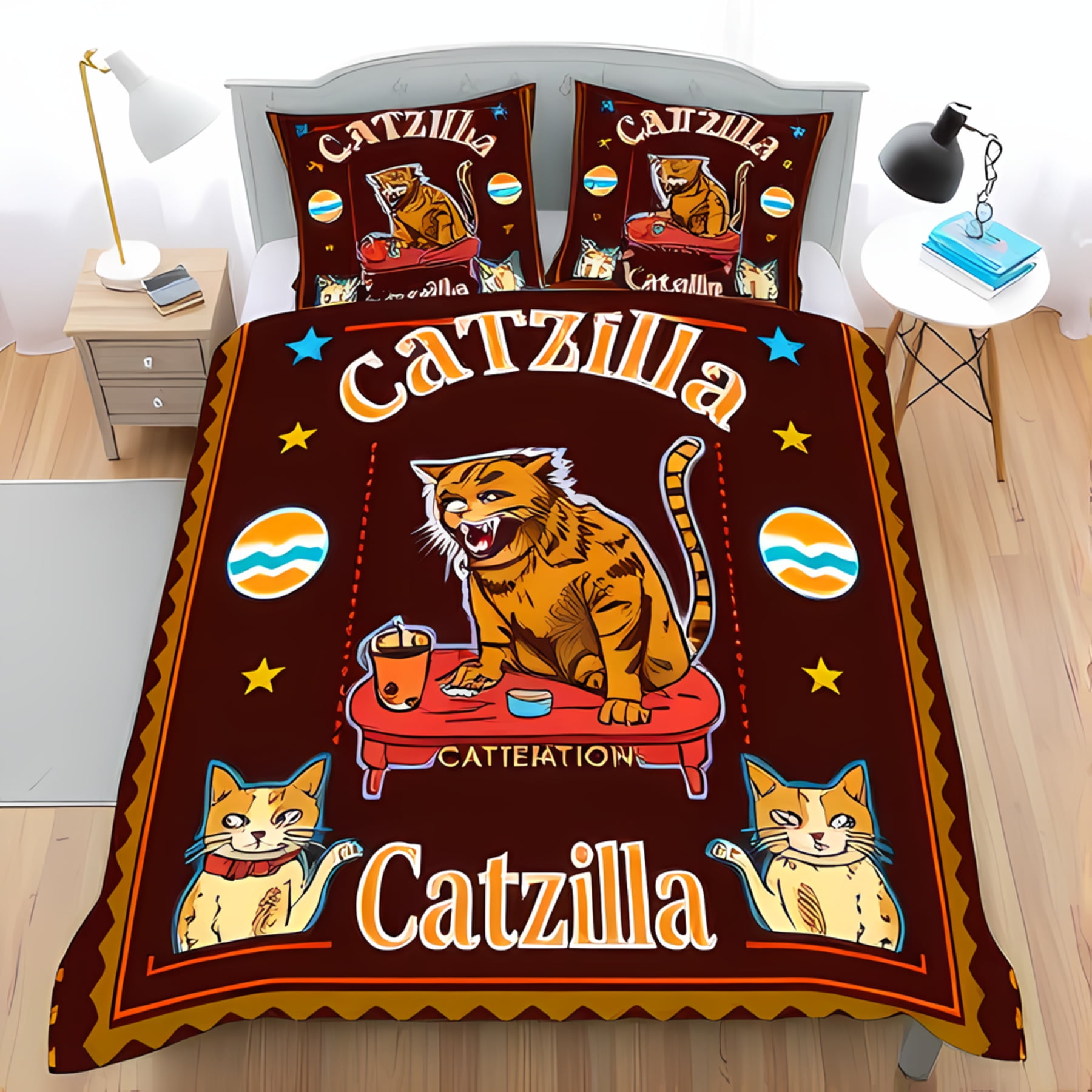 Whimsical 3-Piece Duvet Cover Set - Retro 'Catzilla' Design with ...