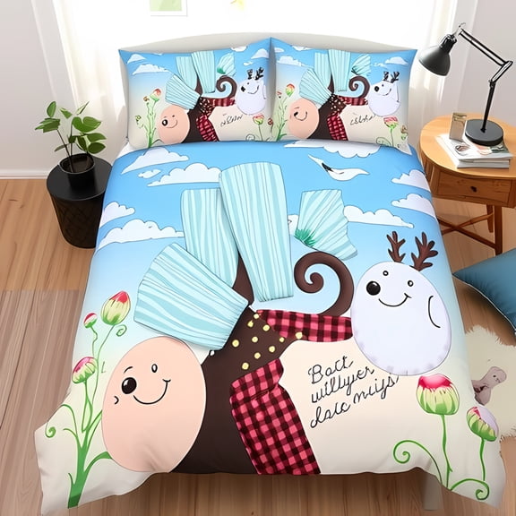 Whimsical 3-Piece Duvet Cover Set with Smiling Tree Reindeer Accents and Floral Design Perfect for Rooms