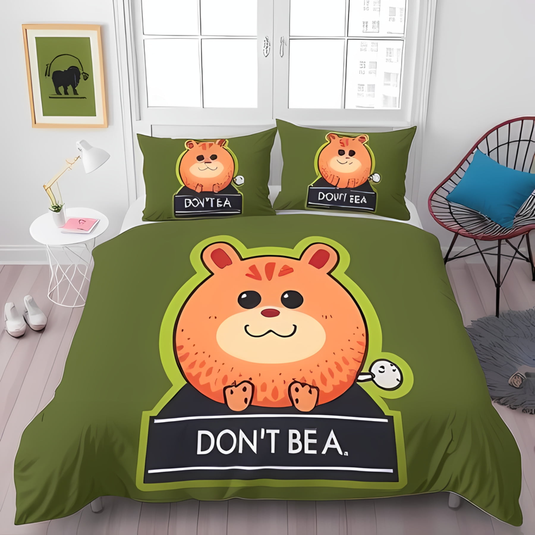 Whimsical 3-Piece -Green Duvet Cover Set with Cartoon Orange Animal ...