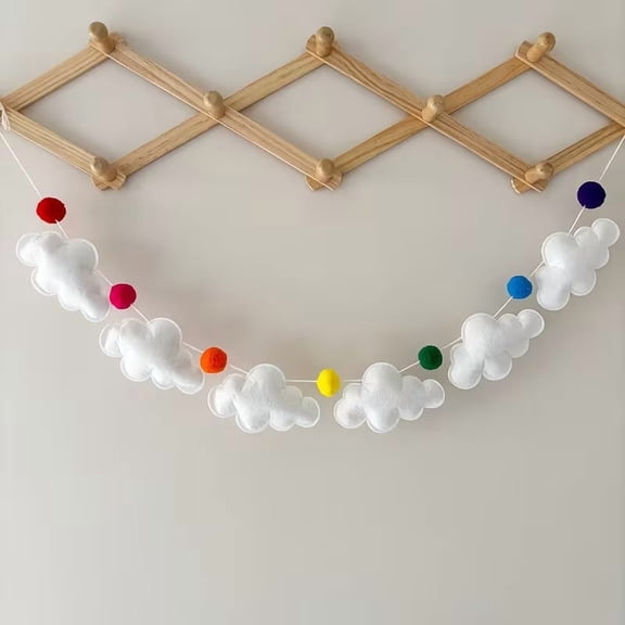 Whimsical 3D Felt Cloud Garland with Pom-Pom Accents for Baby Shower Birthday Nursery Photo Backdrop Decor