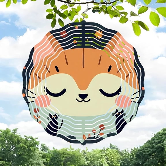 Whimsical 3D Metal Hanging Wind Spinner - Fox Face Design with Circular Web Pattern for Yard & Garden Decor