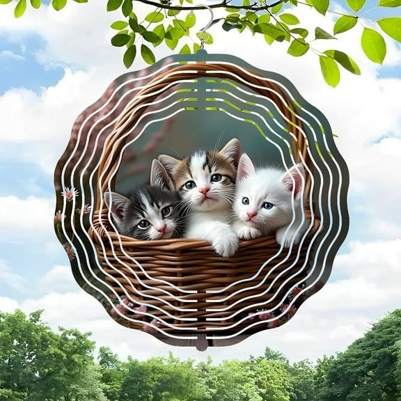 Whimsical 3D Metal Hanging Wind Spinner - in Basket Design for Yard & Garden Decor Nature-Inspired Art with Sound Wave Effect