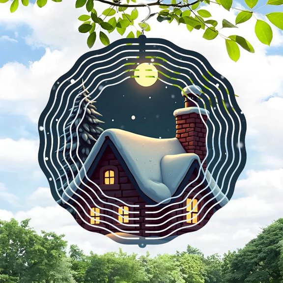 Whimsical 3D Metal Hanging Wind Spinners for Yard & Garden - Artistic Circular Patterns with Snowy Winter Scene Design