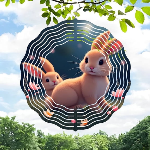 Whimsical 3D Metal Hanging Wind Spinners for Yard & Garden - Floating Flowers & Rabbits Design Serene Blue Sky Atmosphere Unique Wavy Frame