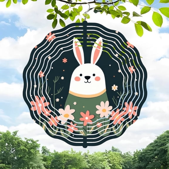 Whimsical 3D Metal Hanging Wind Spinners for Yard & Garden - Floral Patterns with Playful Rabbit Design Perfect for Outdoor Decor