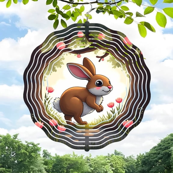Whimsical 3D Metal Hanging Wind Spinners for Yard & Garden - Spiral Design with Cheerful Rabbit & Floral Patterns Perfect for Spring Decor