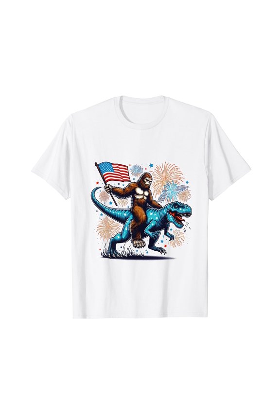Whimsical 4th of July Garden Flag - Bigfoot Riding T-Rex with USA Flag & Fireworks - Double Sided Outdoor Decor