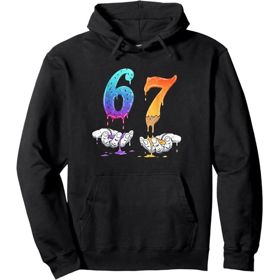 Whimsical 67 Drip Graphic Hoodie - Rainbow Skull Hand Ice Cream Number Black Pullover Sweatshirt